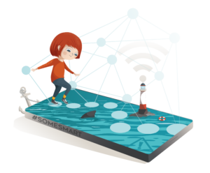 En illustration av ett barn som balanserar på spelknappar på en smarttelefon. På telefonens skärm finns en fyr, en hajfena och en livboj.