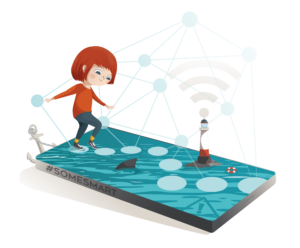 En illustration av ett barn som balanserar på spelknappar på en smarttelefon. På telefonens skärm finns en fyr, en hajfena och en livboj.