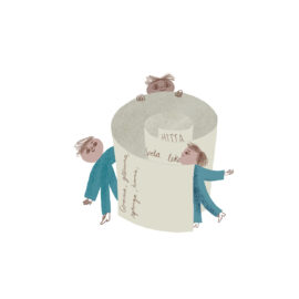 En illustration föreställande ett ihoprullat papper som formar en tunnel. Tre figurer syns på bilden.