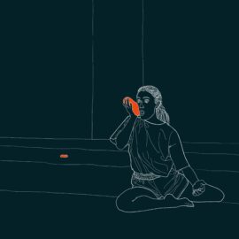 En illustration föreställande en person som sitter på golvet. Illustrationen är ritad i vitt mot en mörk bakgrund.