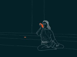En illustration föreställande en person som sitter på golvet. Illustrationen är ritad i vitt mot en mörk bakgrund.