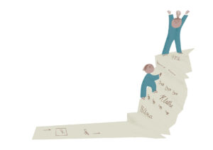 Bilden är en illustration. Ett pappersark bilder en stege där två personer klättrar uppåt. På trappstegen finns ord . Perseonen som hunnit till toppen av trappan sträcker upp armarna och jublar.