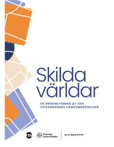 En bild på rapportens pärm. Rapportens namn Skilda världar syns stort mitt på pärmen. Färgskalan är orande, ljusblå och beige.