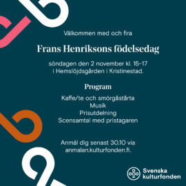 På bilden syns en inbjudan till festen. Bakgrunden är havsblå med Kulturfondens krumelusrer i orange, vitt och rosa. Texten är vit och motsvarar den som finns på webbsidan.