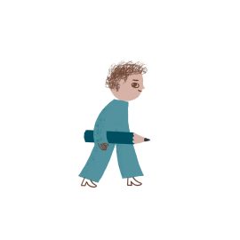 En illustration av en person i gröna kläder. Personen syns i profil och bär på en stor blyertspenna.