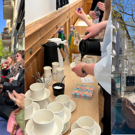 Ett kollage med tre bilder från en praktikantträff i Berlin våren 2026. Bilderna föreställer gänget på en gata, på en terass och en kaffeservering.